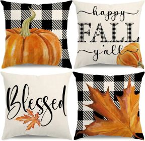 Fall Pillow Covers 18x18 Thanksgiving Farmhouse Decorations Buffalo Plaid Pumpkin Maple Leaf Outdoor Fall Decor Throw Pillow Covers Blessed Autum