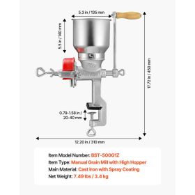 Manual Grain Mill With High Hopper, Hand-Crank Corn Grinder, Heavy Duty Cast Iron Wheat Grinding Mill With Stable Table Clamp & Dust Cover For Gr (Option: Black)