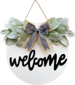 Welcome Wreath Sign for Front Door Porch Decor Farmhouse Front Door Wreath Rustic Style - Round Hanging Spring Summer Christmas Decoration for Ho (Color: White)
